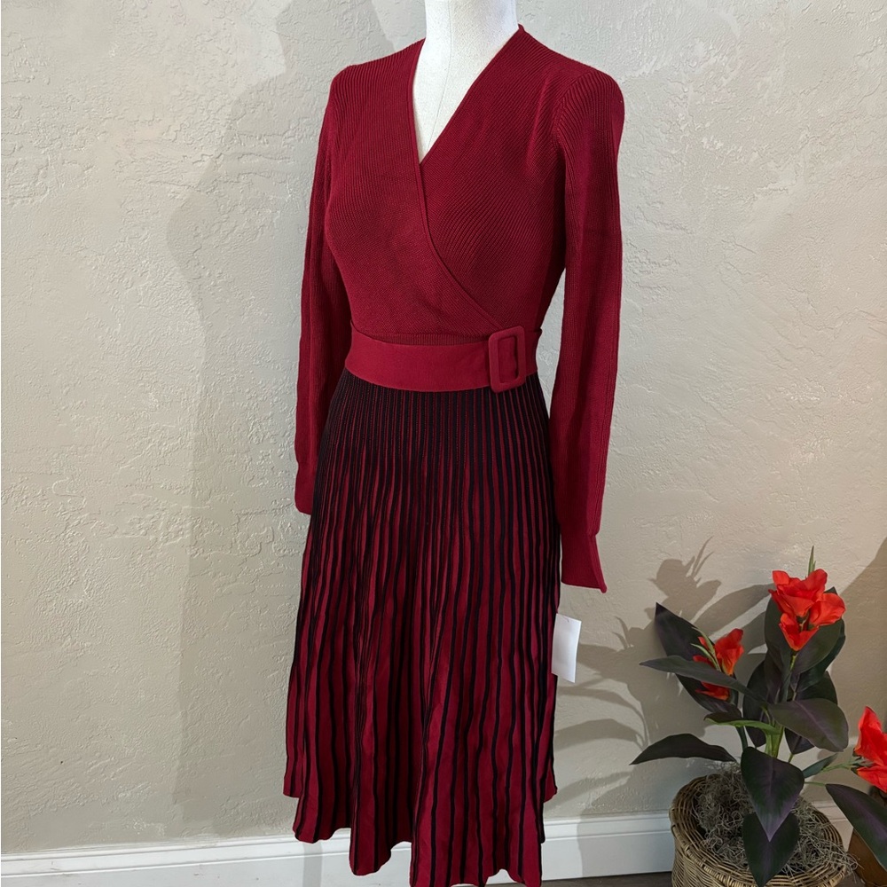 Robbie Bee Dress Ribbed Wrap-Top w/ Pleated Midi Skirting Dress Sz MP
